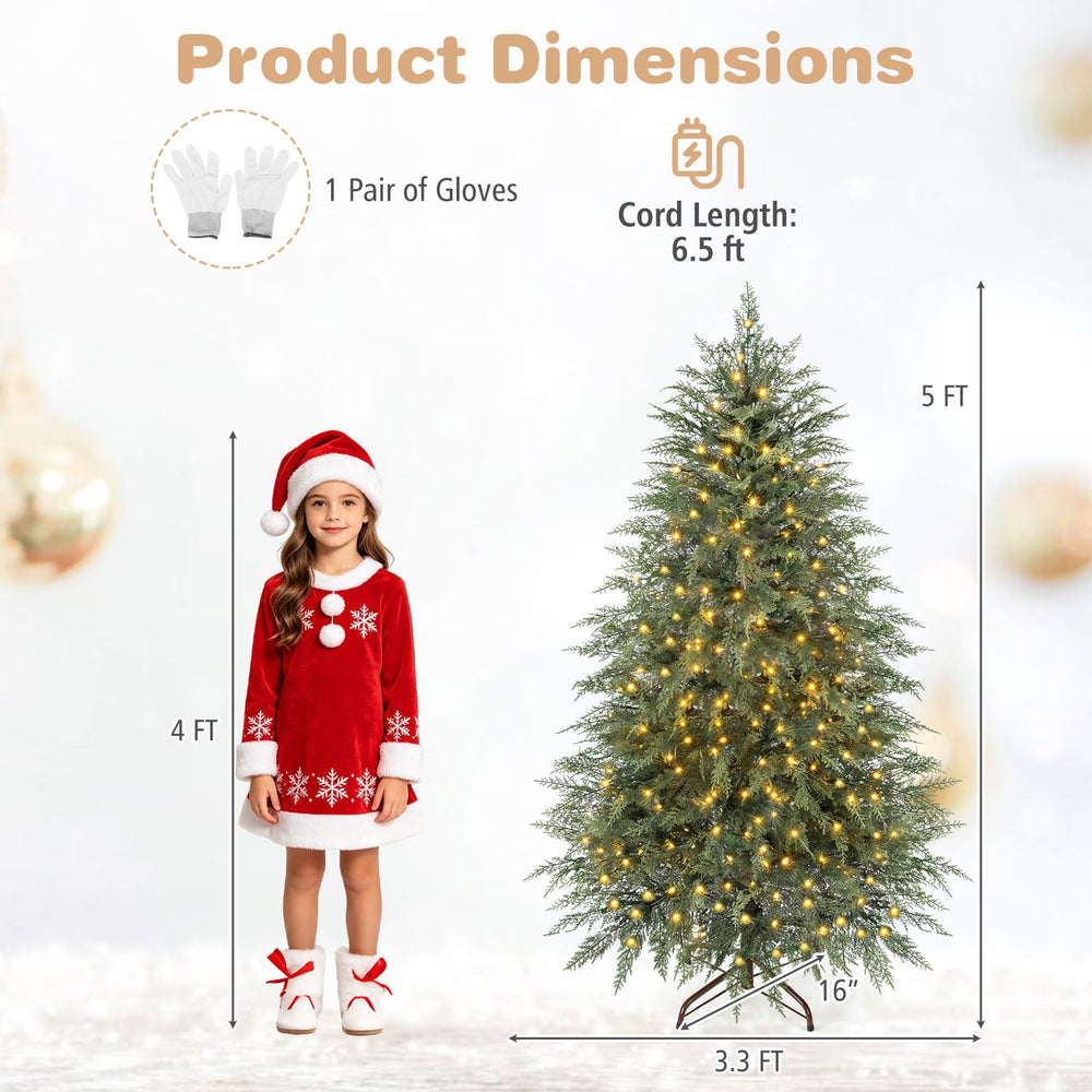 5 FT artificial Christmas tree with 406 branch tips and 245 warm white LED lights, ideal for festive holiday decor.