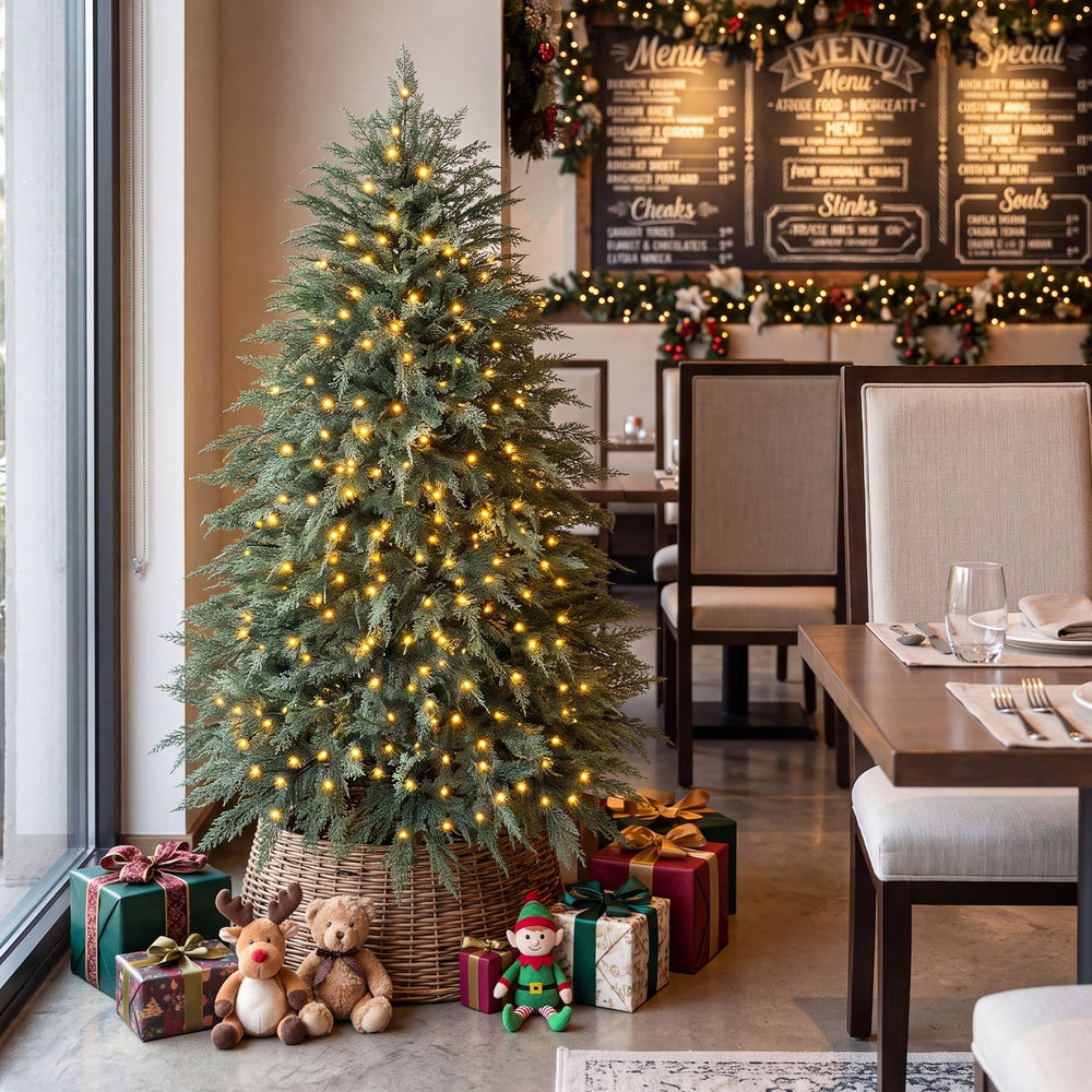 5 FT artificial Christmas tree with 406 branch tips and 245 warm white LED lights, perfect for festive holiday decor.