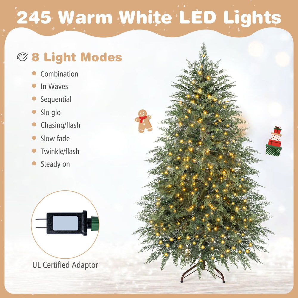 5 FT artificial Christmas tree with 406 branch tips and 245 warm white LED lights, featuring 8 light modes for festive decor.