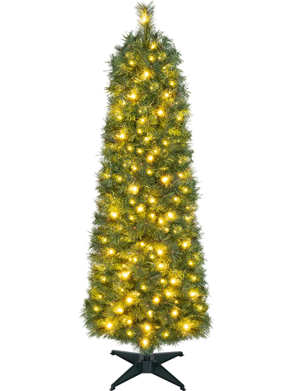 Slim 5 FT artificial pine Christmas tree with 309 branch tips and warm white LED lights, perfect for small spaces.
