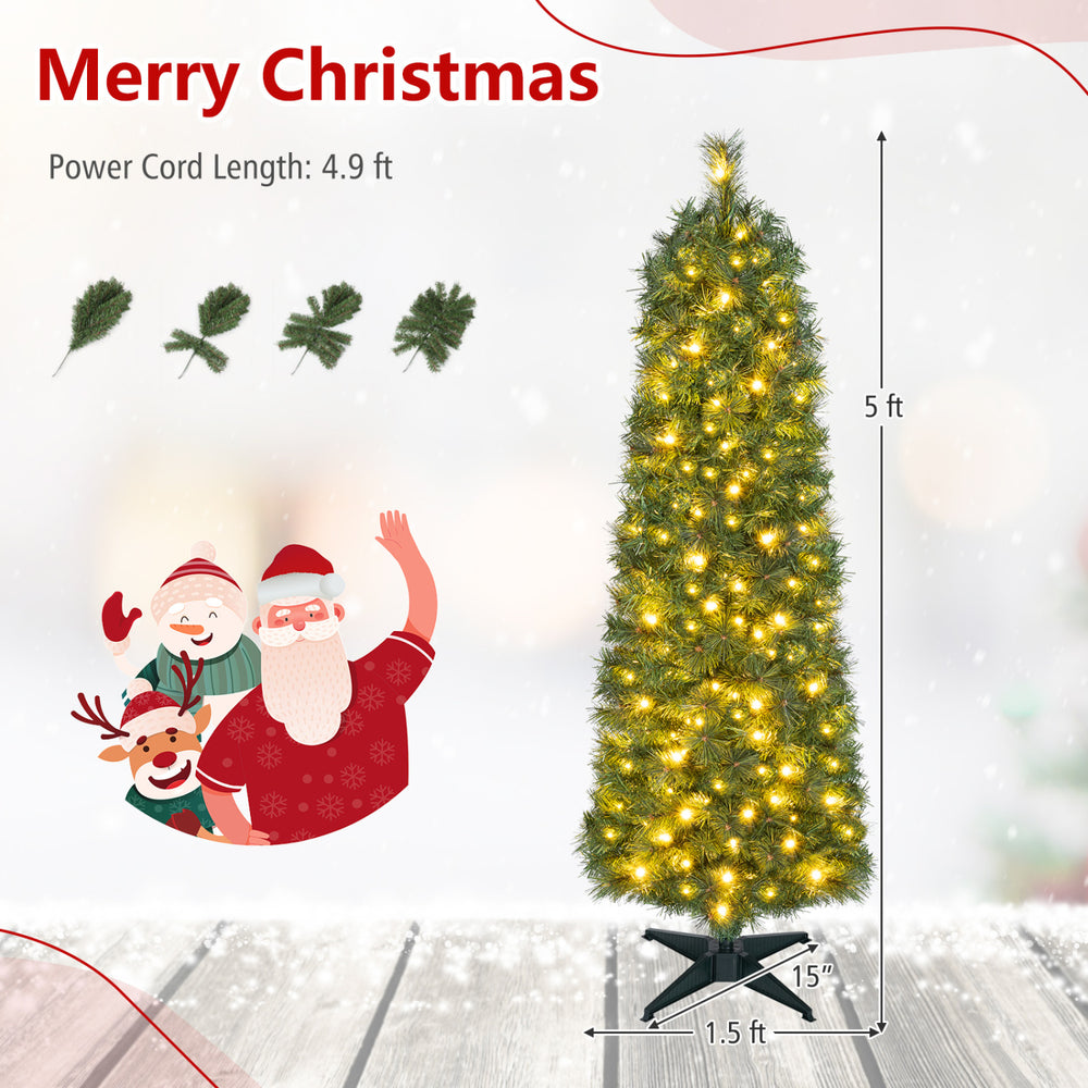 5 FT artificial pine Xmas tree features 309 full branch tips and warm white LED lights, perfect for small spaces.