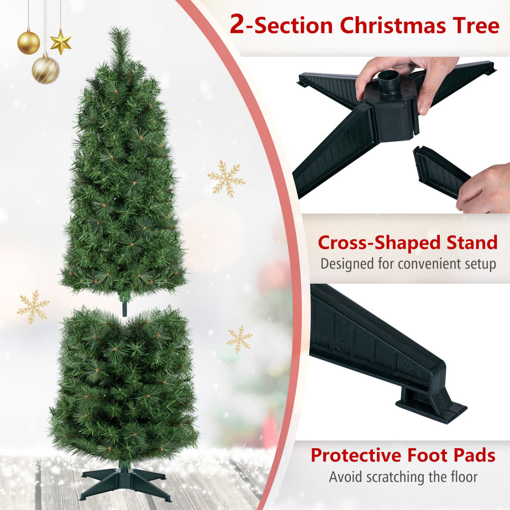 5 FT artificial pine Christmas tree with 309 full branch tips and a cross-shaped stand for easy setup and storage.