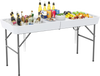 Folding 5 ft ice cooler table with double sinks, ideal for parties and picnics, featuring a weather-proof HDPE tabletop.