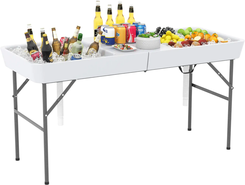 Folding 5 ft ice cooler table with double sinks, ideal for parties and picnics, featuring a weather-proof HDPE tabletop.