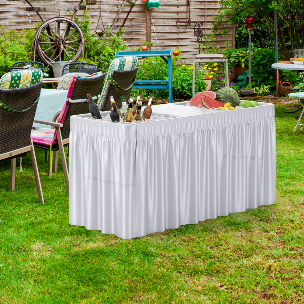 5 FT folding ice cooler table with double sinks, white tabletop, ideal for camping, parties, and picnics.