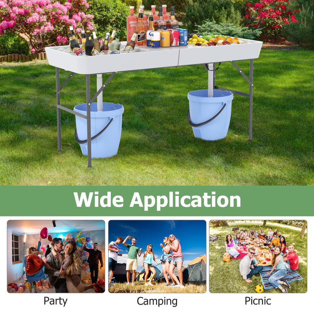 5 FT folding ice cooler table with double sinks, perfect for camping, parties, and picnics, featuring a weather-proof tabletop.