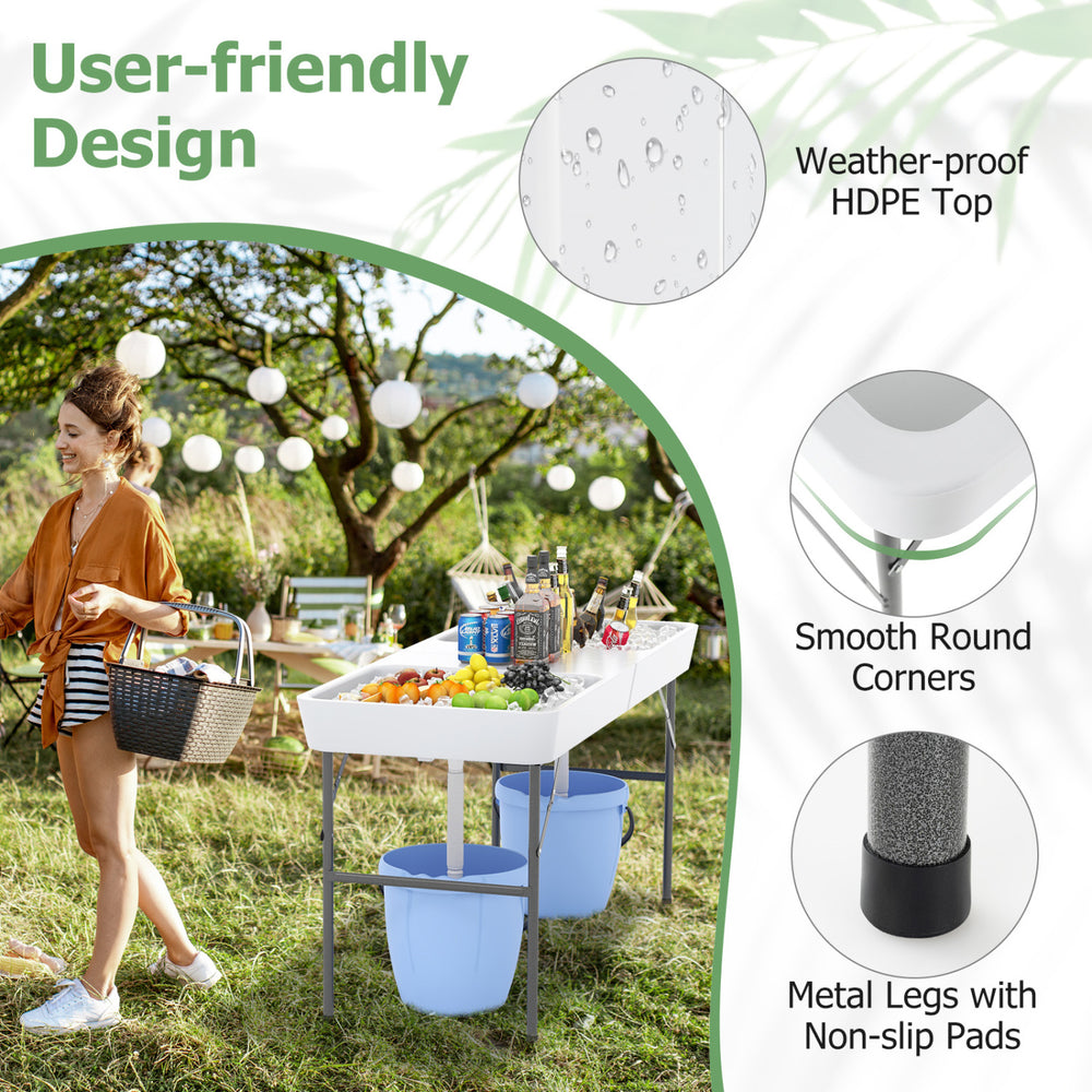 Folding 5 FT ice cooler table with double sinks, weather-proof HDPE top, and stable metal legs for outdoor parties.