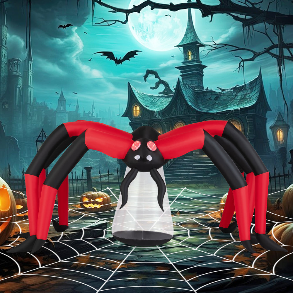 10-ft Halloween inflatable spider with red tunnel light eyes, perfect for outdoor spooky decor and easy installation.