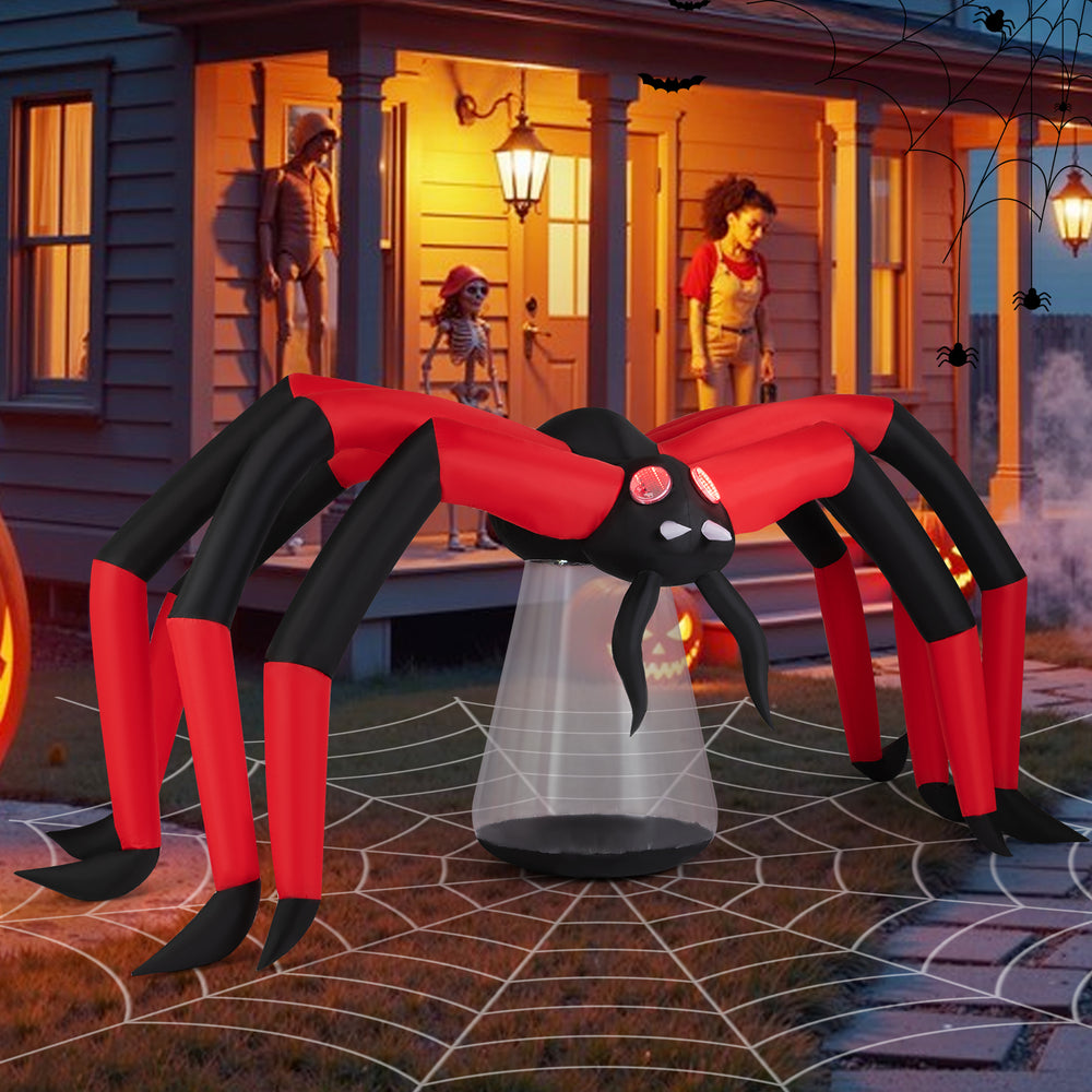 Halloween inflatable spider with red tunnel light eyes, 5-ft height, and eerie LED head, ideal for dramatic yard.