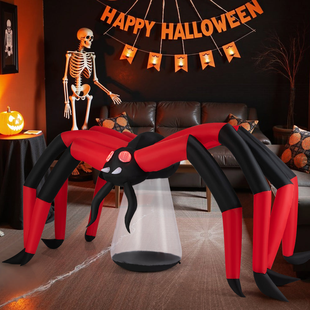 10-ft inflatable Halloween spider with red tunnel light eyes, LED glow, and secure outdoor setup for spooky decor.