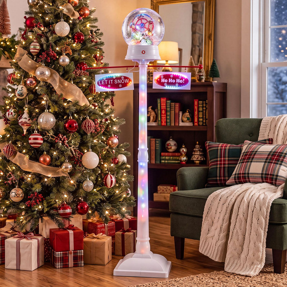 5 FT indoor Christmas street lamp post with colorful lights, featuring festive decorations and soothing snow effects for holiday cheer.