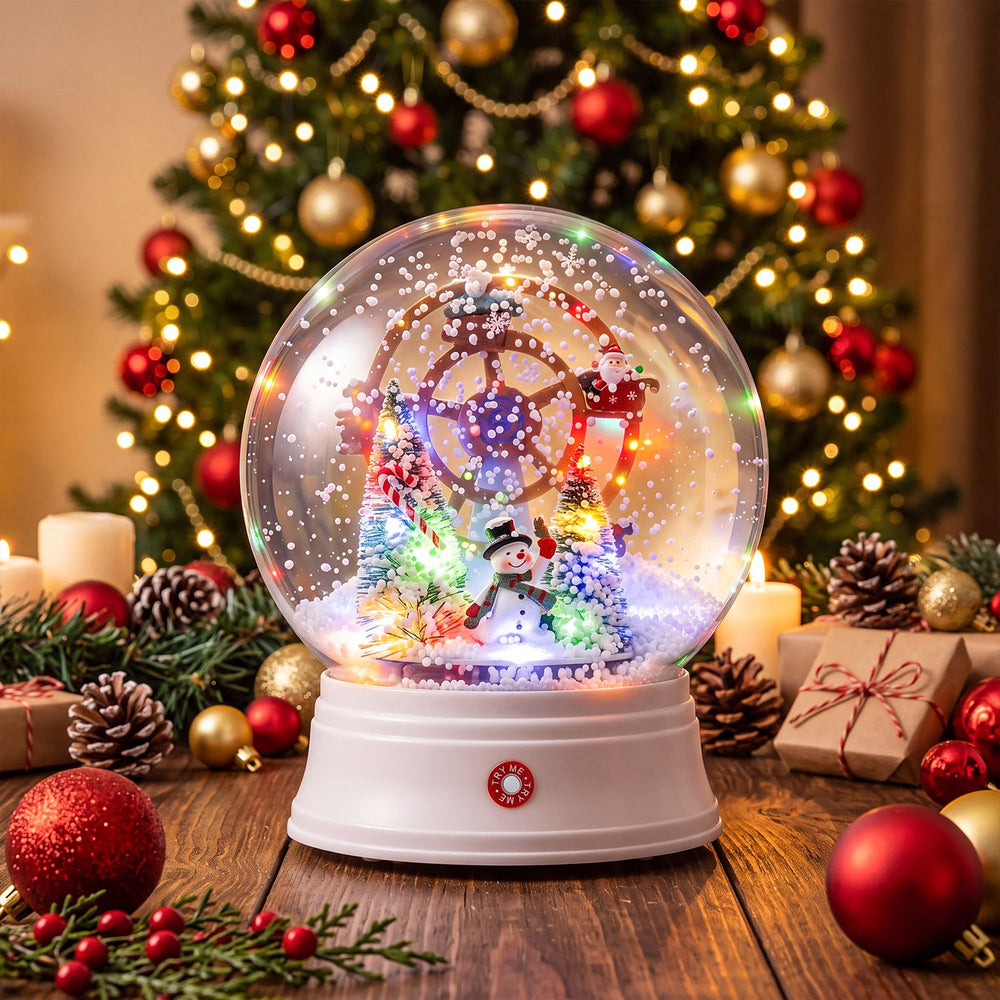 Colorful indoor Christmas lantern featuring a snowman, tree, and ferris wheel, perfect for festive tabletop displays.