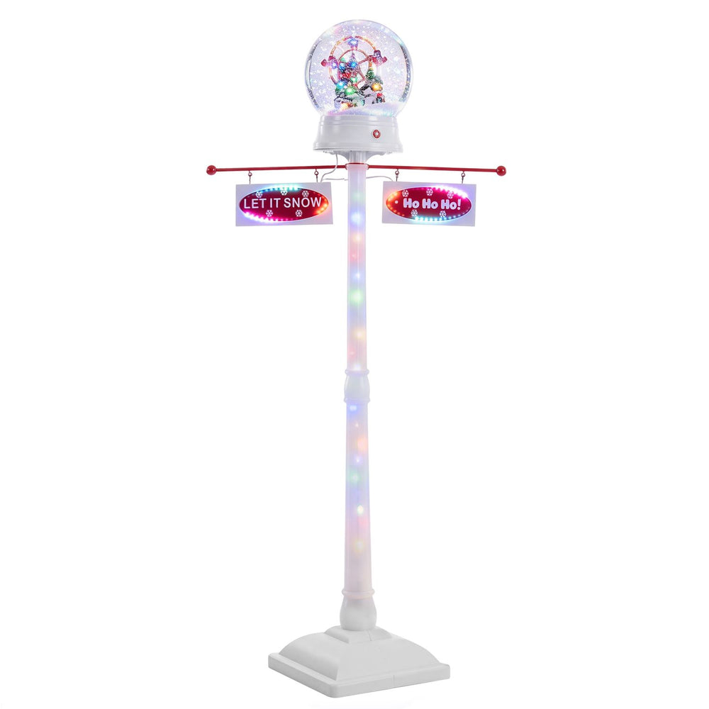 5 FT indoor Christmas street lamp post features colorful lights, snowman, and festive signposts for holiday decor.