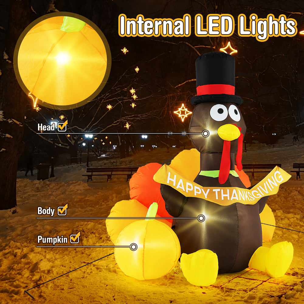 5 FT inflatable turkey with pumpkin, LED lights, and "HAPPY THANKSGIVING" banner for festive indoor or outdoor decor.