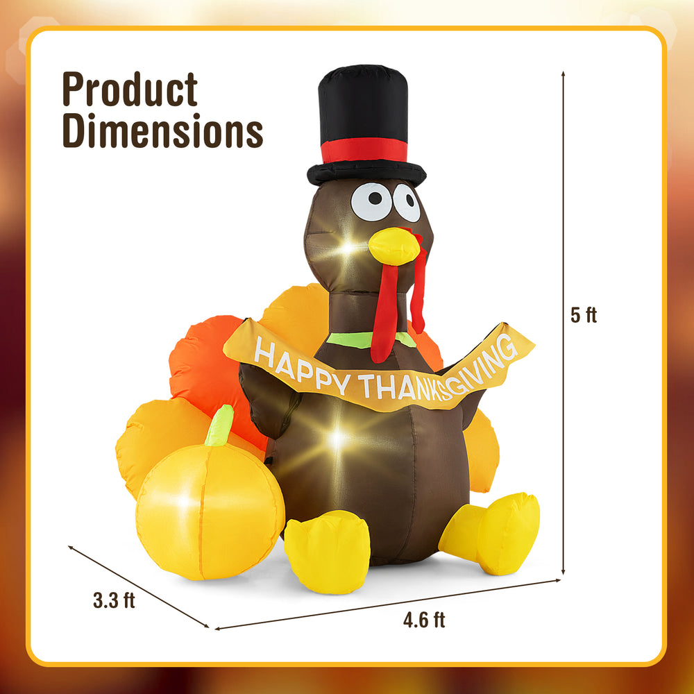 5 FT inflatable turkey with pumpkin and LED lights, featuring a "HAPPY THANKSGIVING" sign, ideal for indoor party decor.