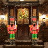 5 FT lighted Christmas nutcracker with glitter sword, featuring 100 warm-white LED lights, for outdoor holiday decor.