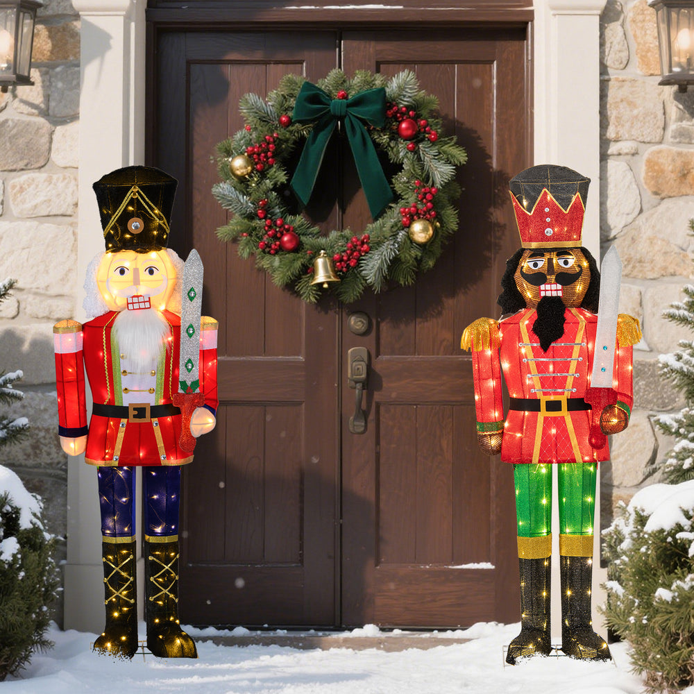 5 FT lighted Christmas nutcracker decorations with glitter swords, featuring 100 warm-white LED lights for outdoor use.