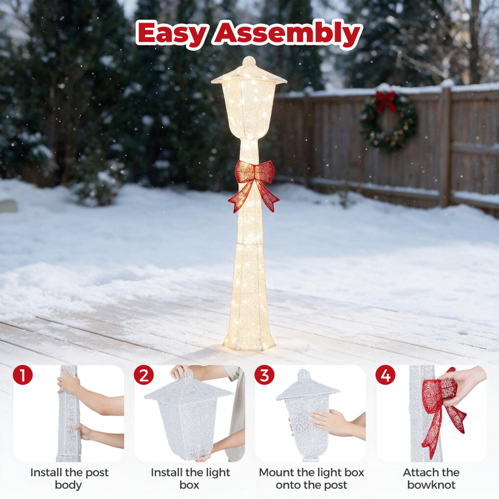 5 FT lighted Christmas lamp post with bowknot decoration, featuring warm white LED lights for outdoor festive charm.