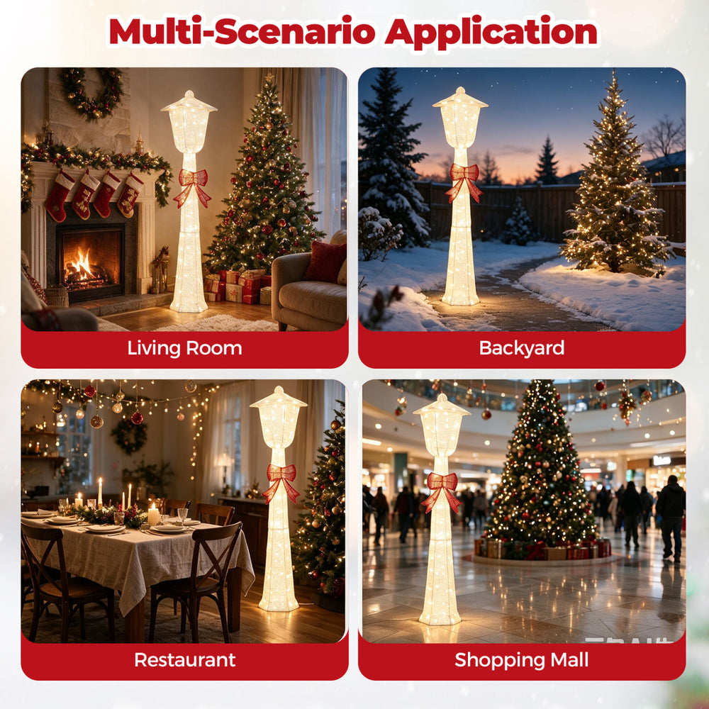 5 FT lighted Christmas lamp post with bowknot decorations, featuring warm white LED lights for festive charm in various settings.