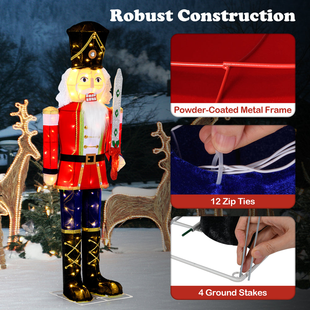 5 FT Christmas Nutcracker decoration with glitter sword, featuring a powder-coated metal frame and 100 warm-white LED.