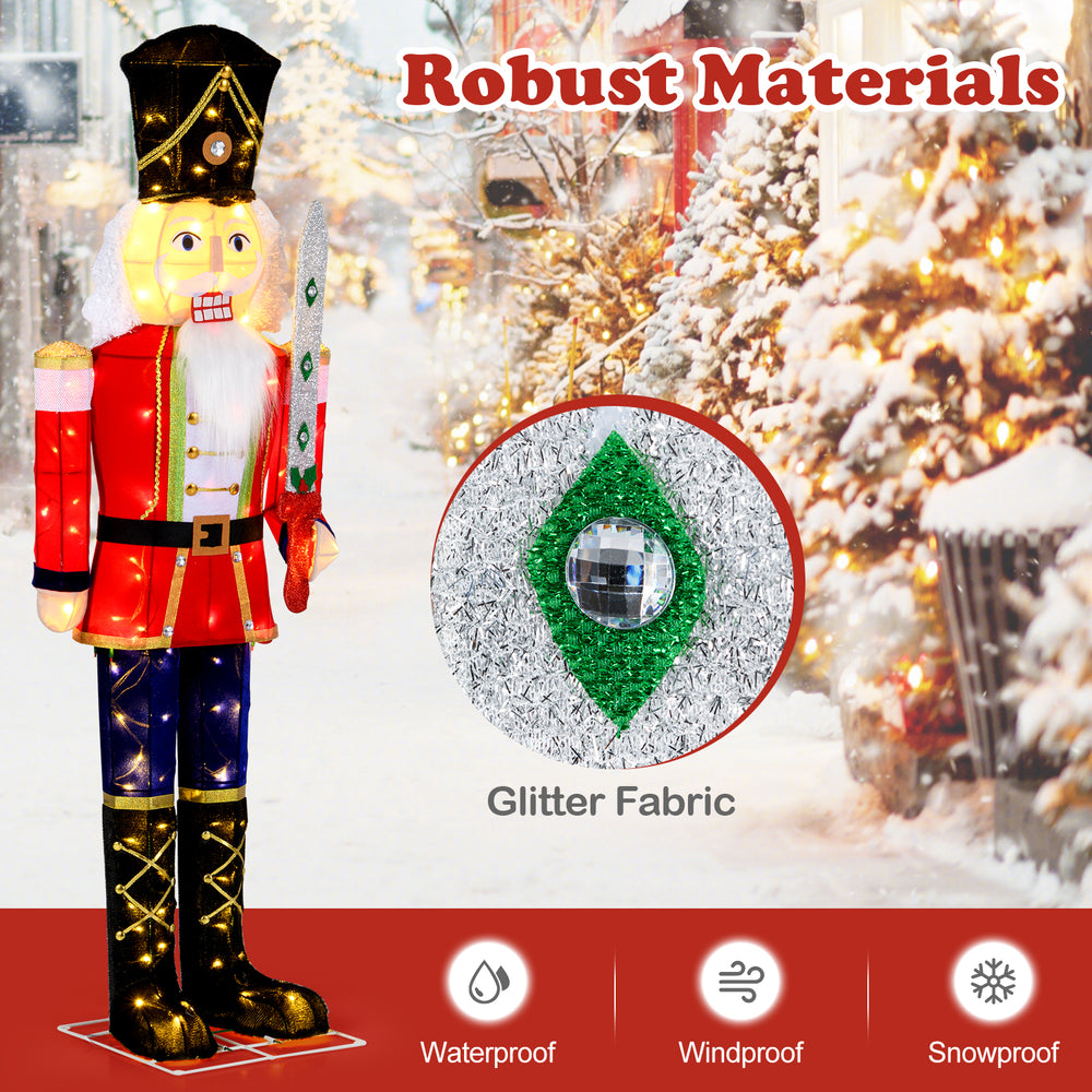 5 FT Christmas Nutcracker decoration with glitter sword, waterproof and windproof, ideal for outdoor holiday displays.