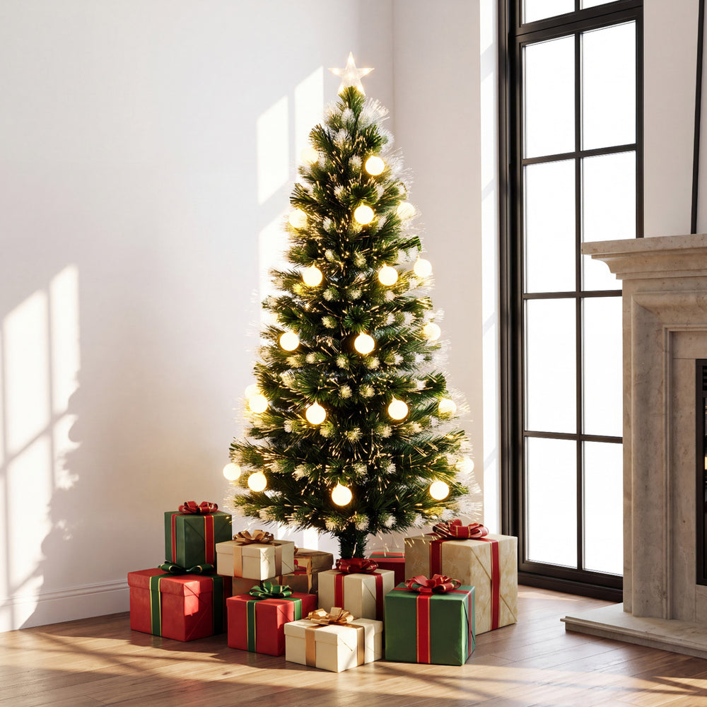 5 FT artificial fir Christmas tree with 28 warm white LED lights and decorative light balls, perfect for festive decor.