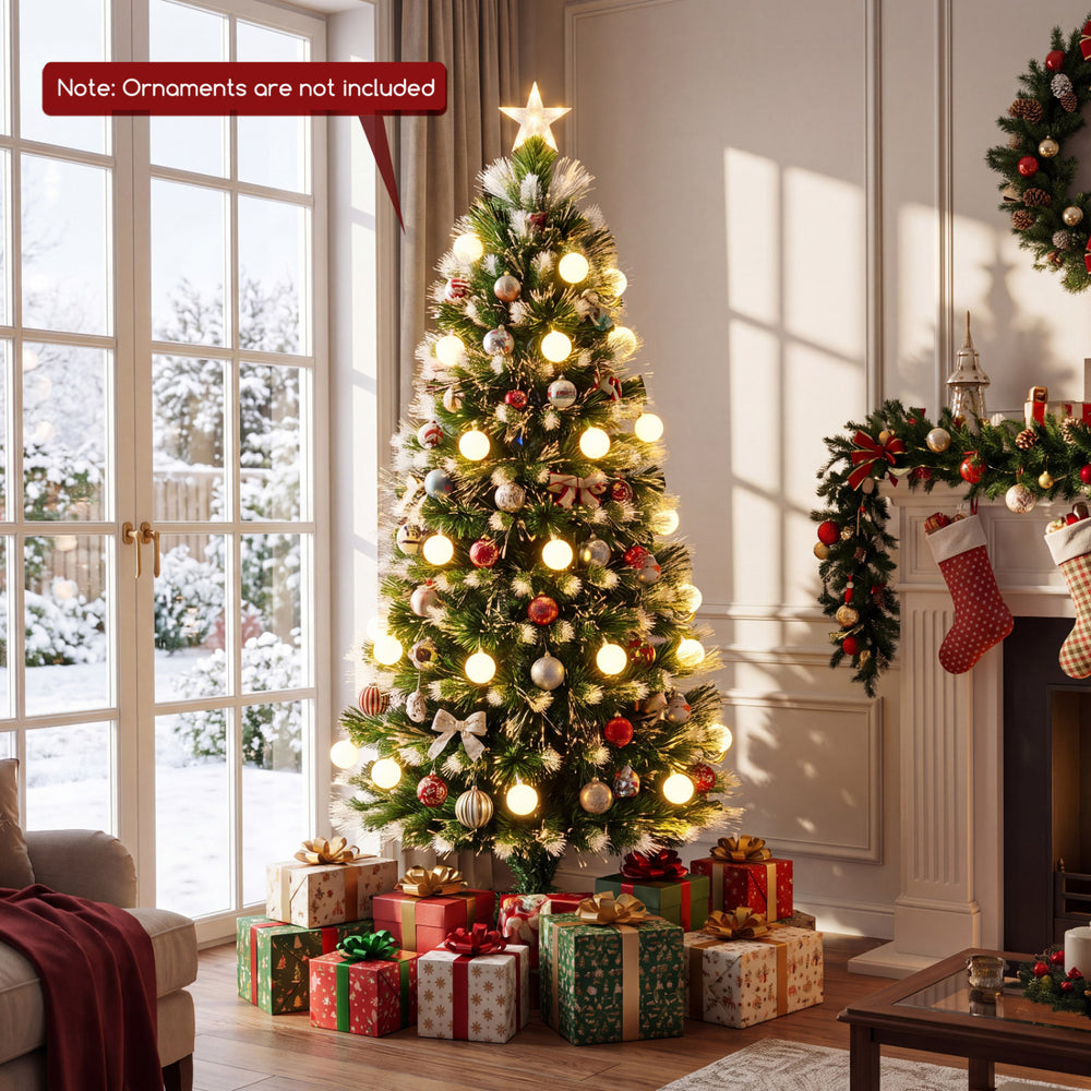 Pre-lit 5 FT artificial fir Christmas tree with 28 warm white LED lights and a lighted star, perfect for holiday decor.