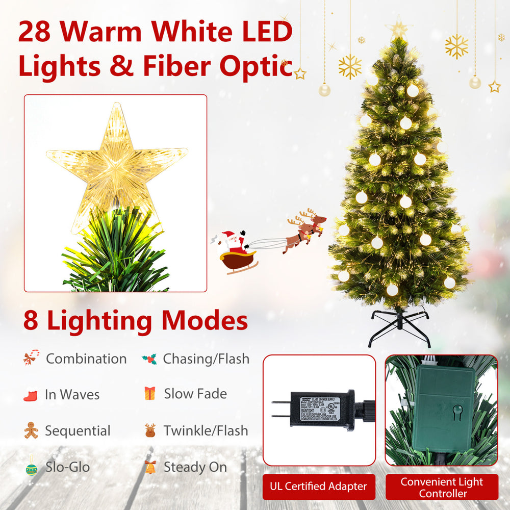 5 FT artificial fir Christmas tree with 28 warm white LED lights, fiber optic, and 8 lighting modes for festive decor.
