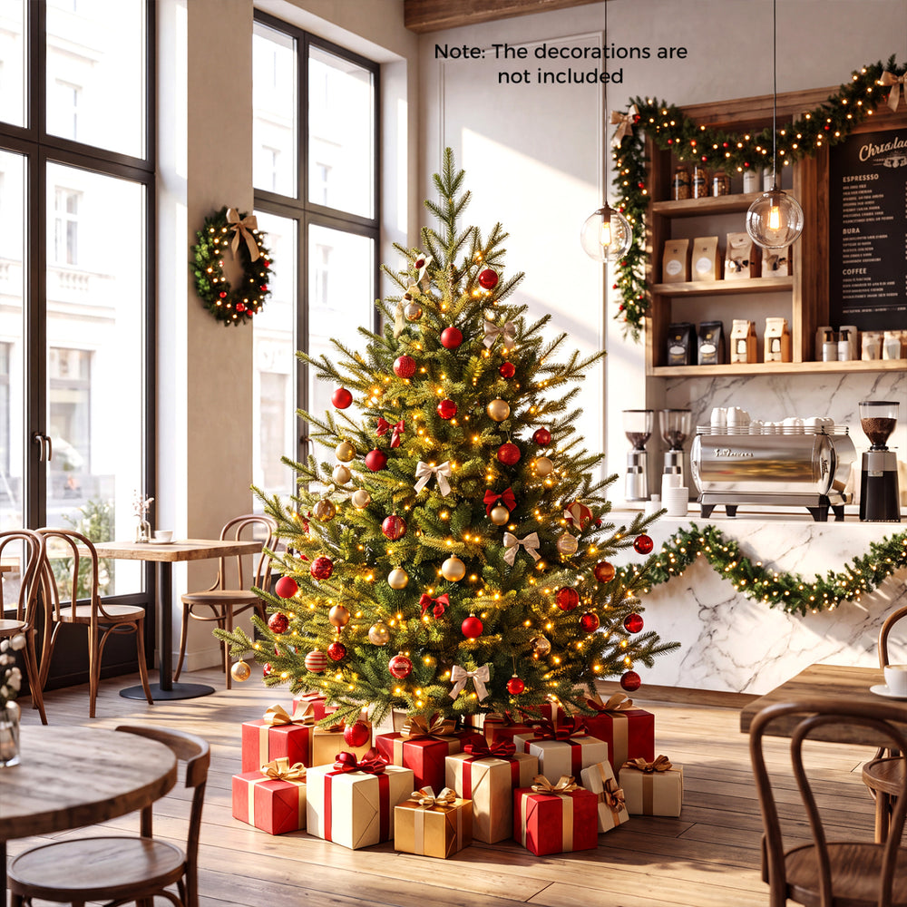 5 FT pre-lit artificial Christmas tree featuring 180 warm white LED lights, perfect for creating a festive ambiance.