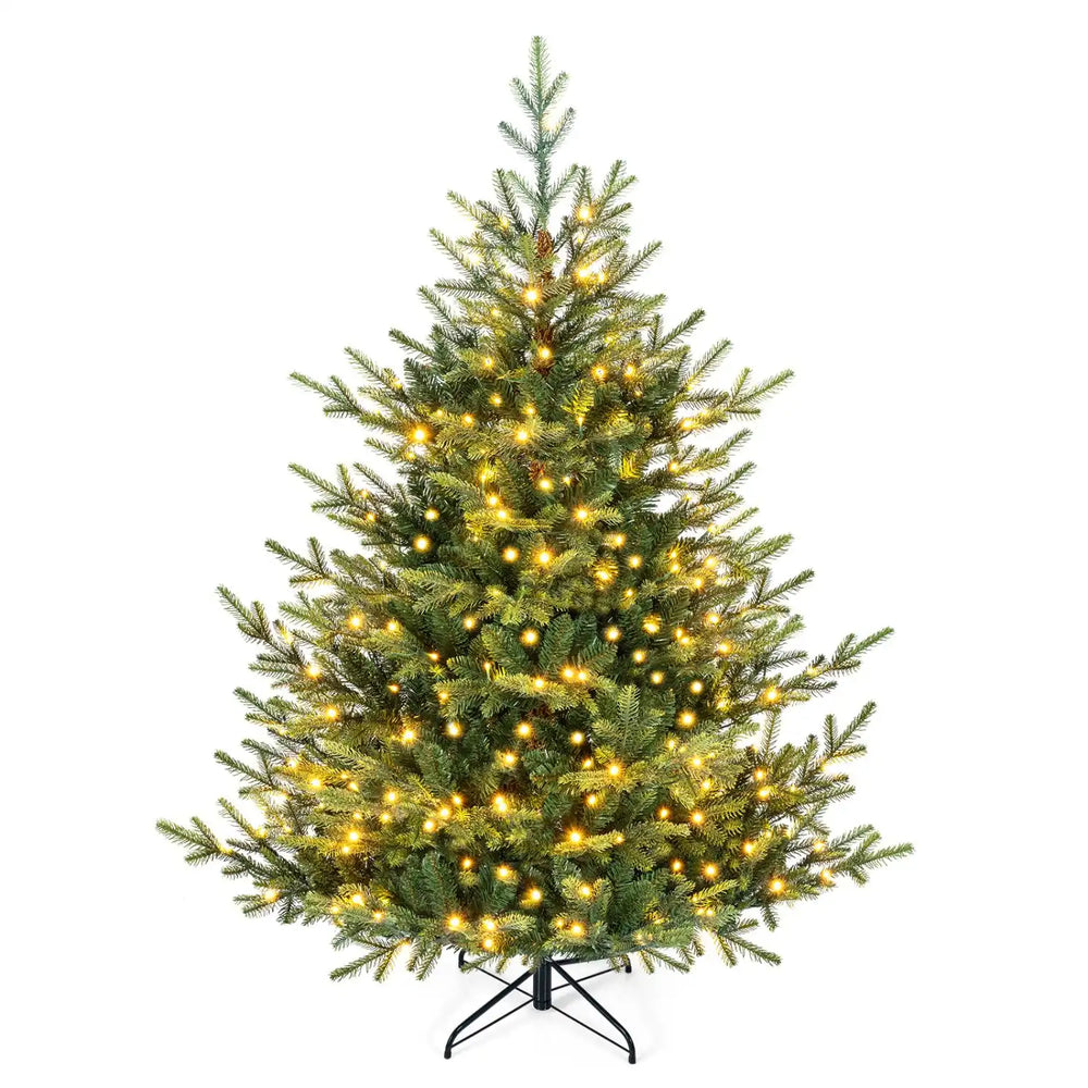 5 FT pre-lit artificial Christmas tree featuring 180 warm white LED lights and lifelike PVC leaves for festive decor.