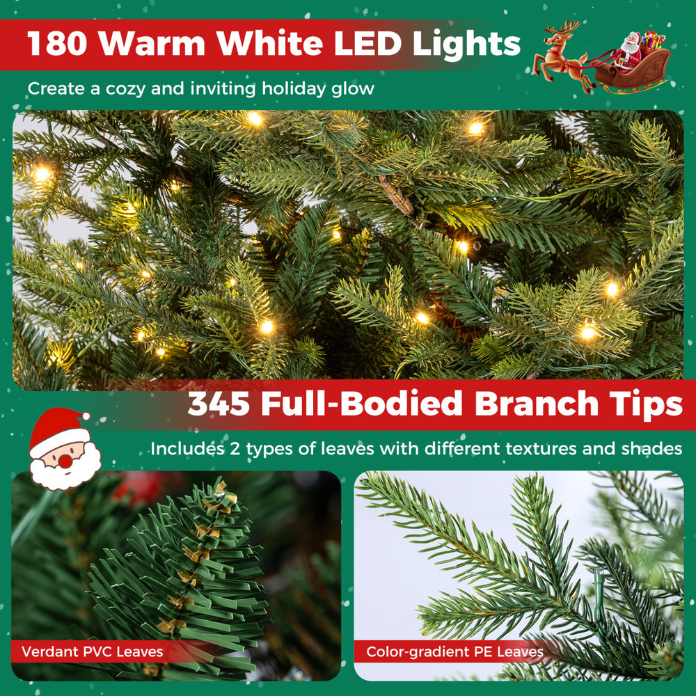 5 FT pre-lit artificial Christmas tree featuring 180 warm white LED lights and 345 full-bodied branch tips for a festive ambiance.