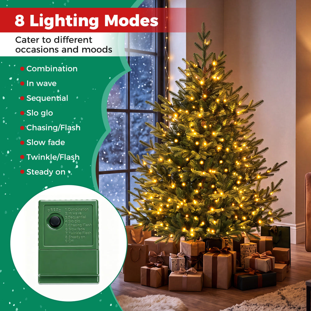 5 FT pre-lit artificial Christmas tree with 180 warm white LED lights and 8 lighting modes for festive ambiance.