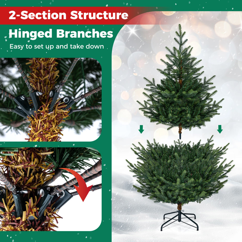 5 FT pre-lit artificial Christmas tree featuring 180 warm white LED lights and hinged branches for easy setup.
