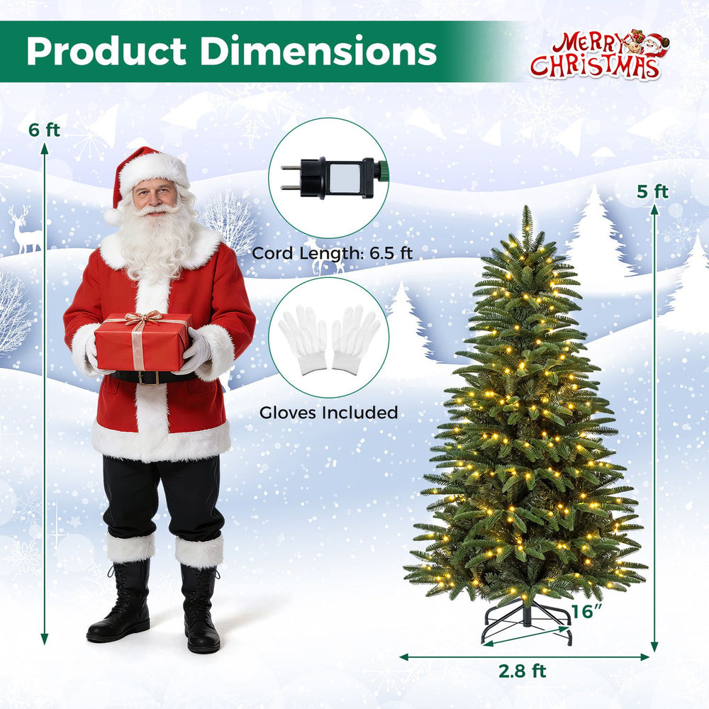 Pre-lit 5 FT artificial Christmas tree with 230 warm LED lights and 3 gift boxes, perfect for festive indoor celebrations.