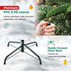 Pre-lit artificial Christmas tree with PVC and PE leaves, featuring a stable crossed metal base and foldable design for storage.