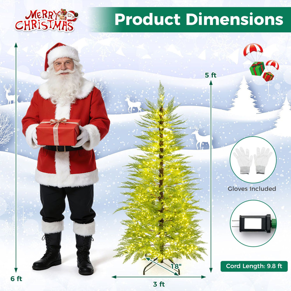 5 FT pre-lit artificial Christmas tree with 670 warm white lights, featuring a stable base and included gloves for setup.