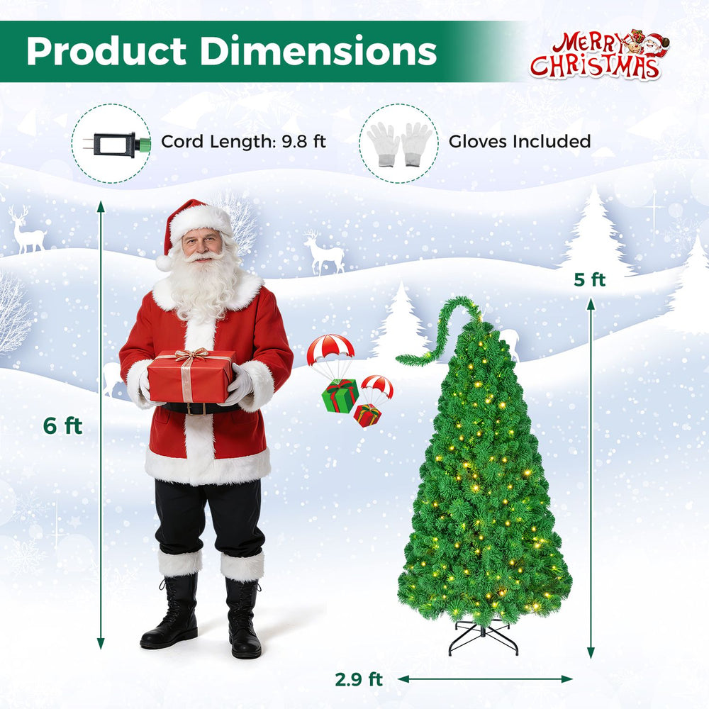 5 FT pre-lit artificial Christmas tree with green snow flocking, featuring warm white LED lights and gloves included for installation.