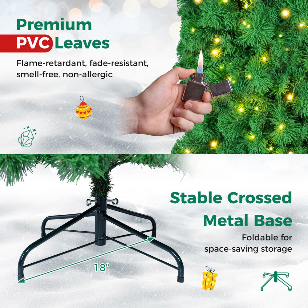 5 FT pre-lit artificial Christmas tree features green snow flocking, a stable crossed metal base, and 280 warm white LED lights.