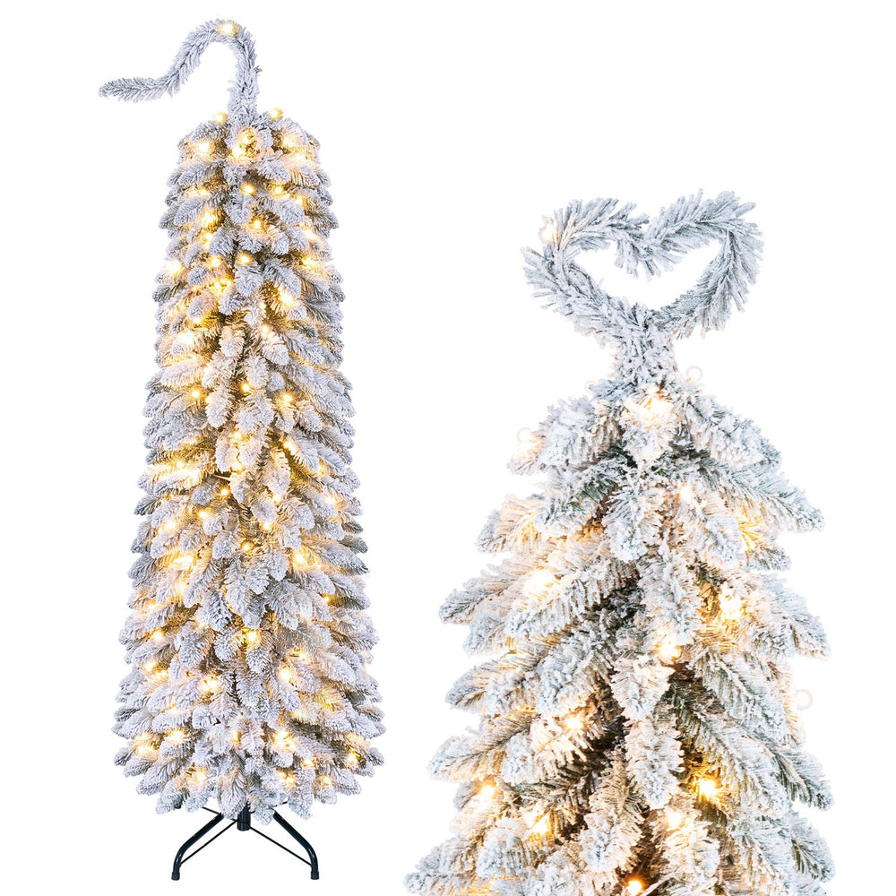 Slim 5 FT pre-lit artificial Christmas tree with bendable top and 110 warm white LED lights for festive holiday charm.