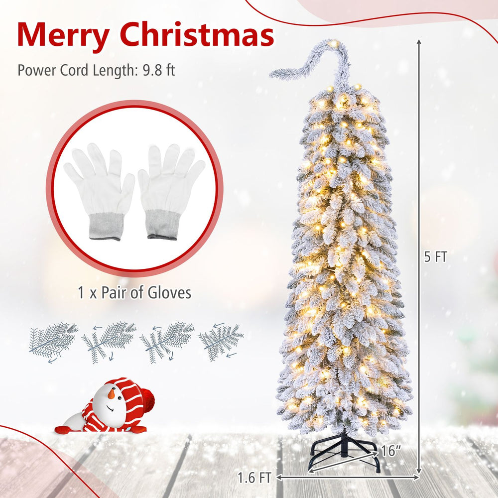 5 FT pre-lit artificial Christmas tree with bendable top, 110 warm white LED lights, and included gloves for easy setup.