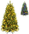 5 FT artificial Christmas tree with warm white and multicolor LED lights, shown with pine cones and a metal base.