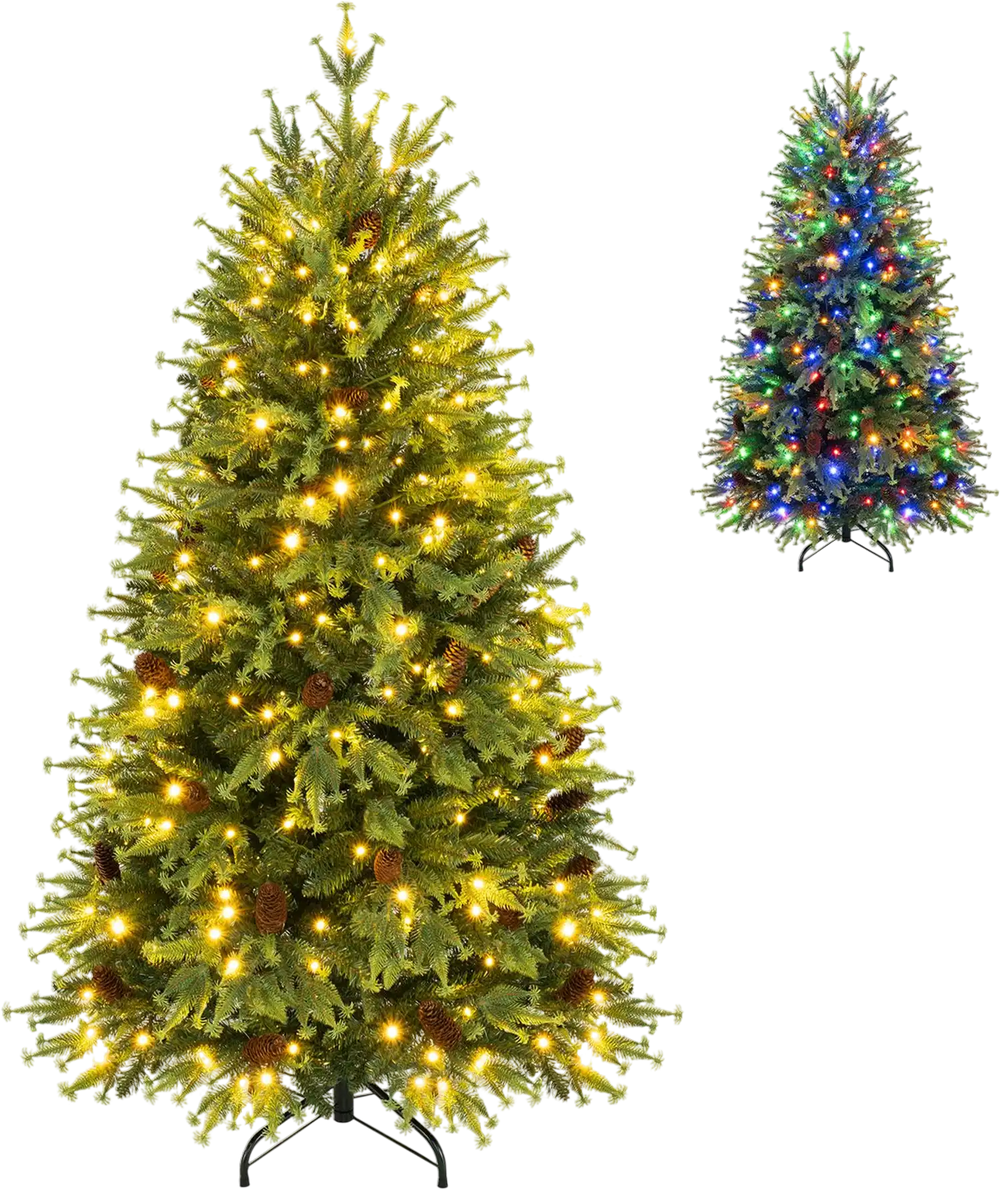 5 FT artificial Christmas tree with warm white and multicolor LED lights, shown with pine cones and a metal base.