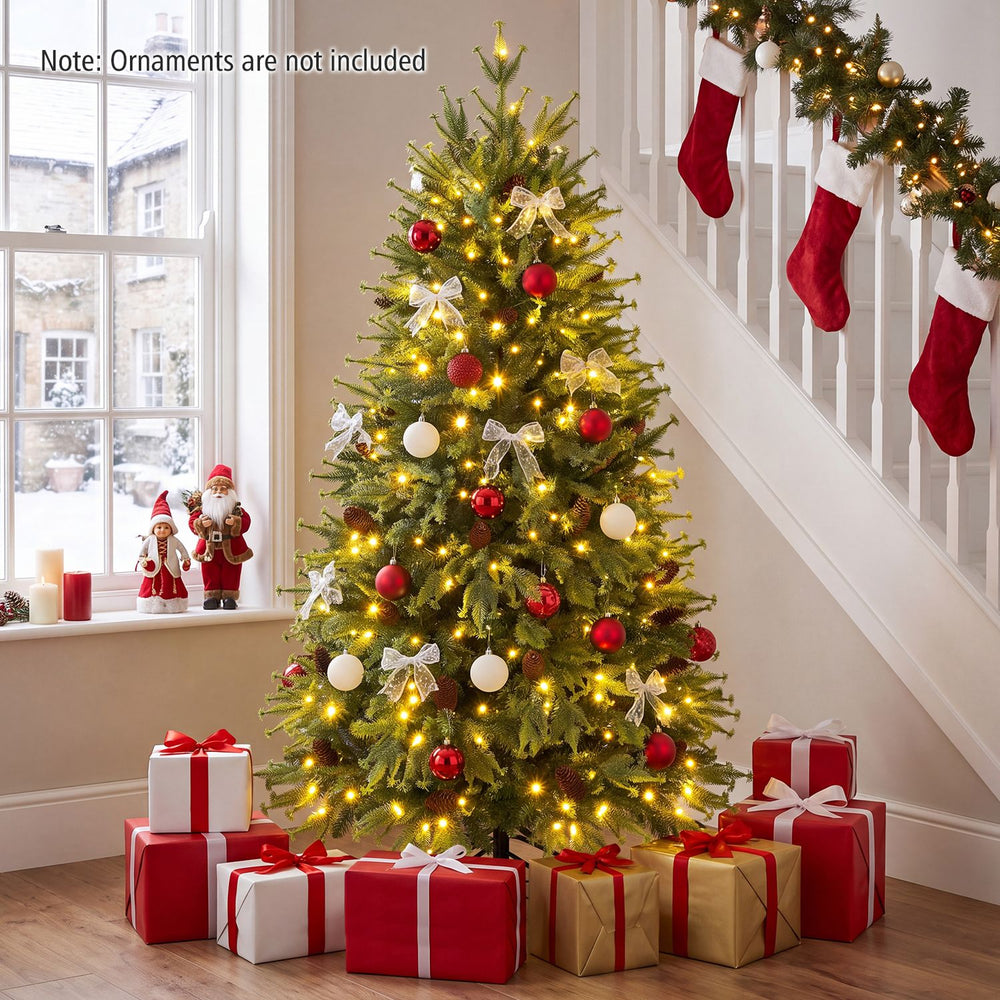 5 FT pre-lit artificial Christmas tree with warm white and multicolor LED lights, pine cones, and festive ornaments.