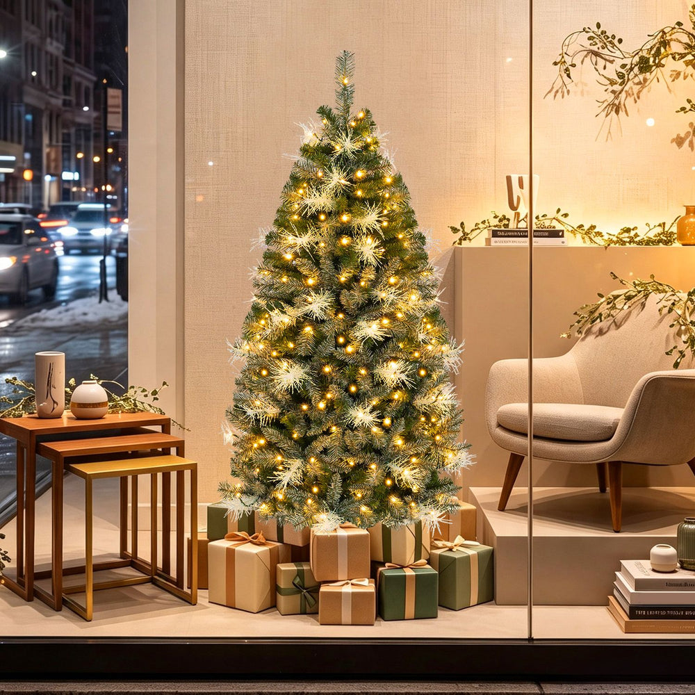 5 FT pre-lit Christmas tree with 250 warm white and multi-color LED lights, perfect for festive home decoration.
