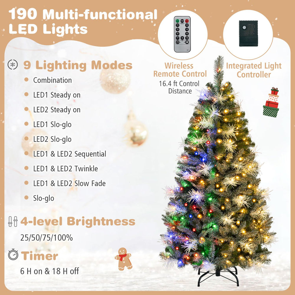 5 FT pre-lit Christmas tree featuring 190 warm white and multi-color LED lights, ideal for festive home decoration.