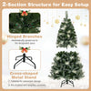 5 FT pre-lit Christmas tree with 250/470 dimmable LED lights, featuring hinged branches and a foldable metal stand for easy setup.