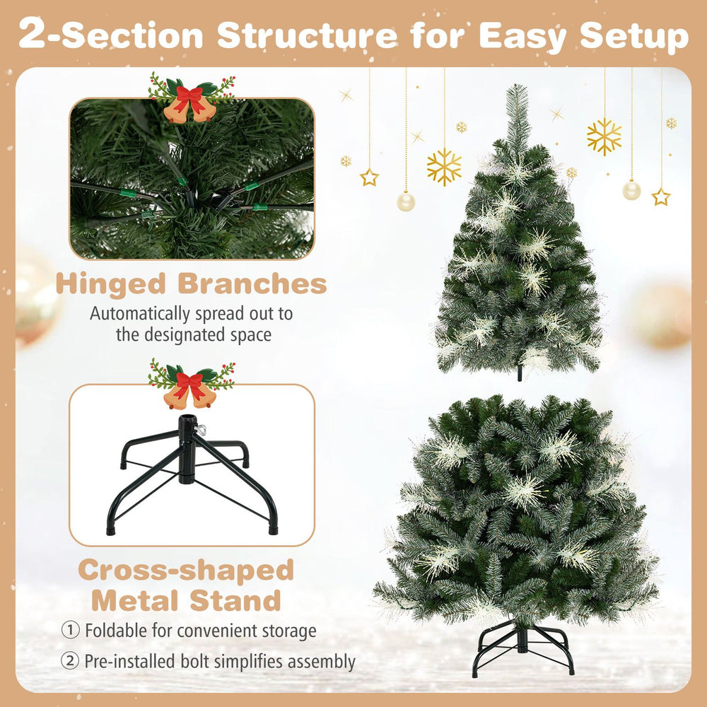 5 FT pre-lit Christmas tree with 250/470 dimmable LED lights, featuring hinged branches and a foldable metal stand for easy setup.