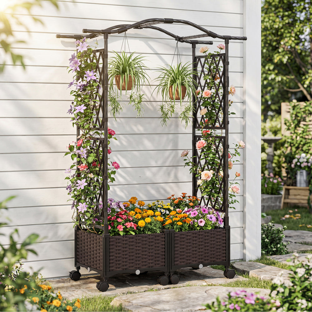 Self-watering planter box with lattice trellis and curved roof, featuring brown rattan panels for outdoor gardening.