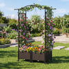 Self-watering planter box with lattice trellis and curved roof, featuring vibrant flowers for garden or patio use.