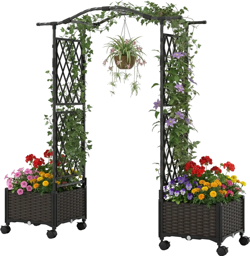 Self-watering planter boxes with lattice trellis and curved roof, designed for vibrant plant growth in outdoor gardens.